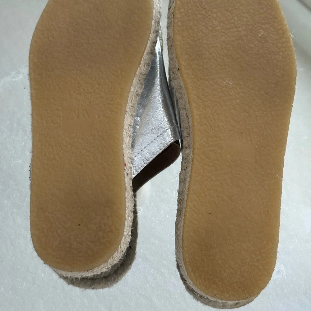Zara crinkly leather silver metallic espadrille mules